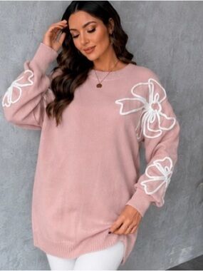 Dusty Pink Floral-Appliqué Crewneck Sweater
